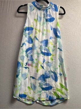 DKNY Watercolor Floral Sleeveless Dress High Neck Blue Green White Size 2